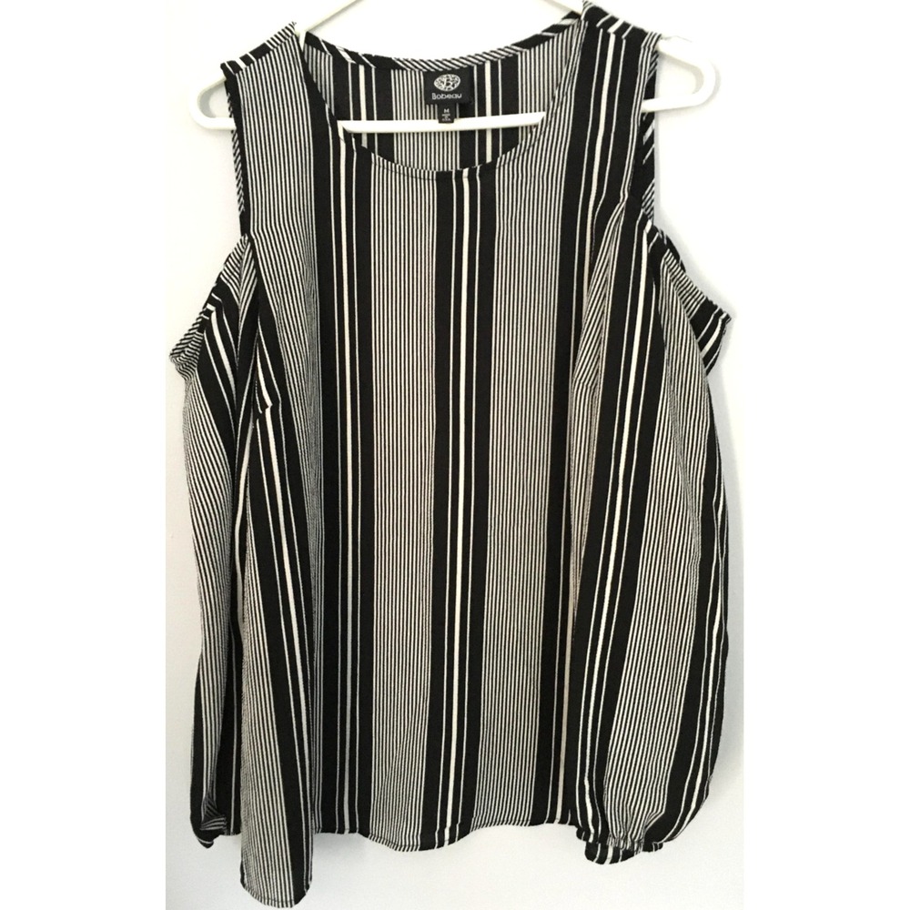 Bobeau‎ Shirt Womens M Black White Stripe Cold Shoulder Long Sleeve Tunic USA